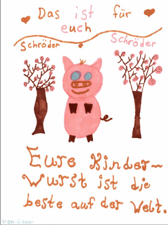 Kinderzeichnung von Lynn: Ein Schwein steht zwischen Kinderwurstbäumen und lobt unsere Kinderwurst